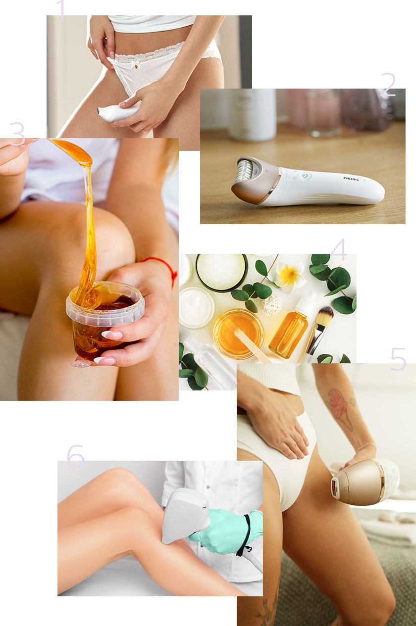 Processo in 6 fasi di una donna che utilizza i dispositivi Philips e la ceretta sui peli delle gambe e dell'inguine.