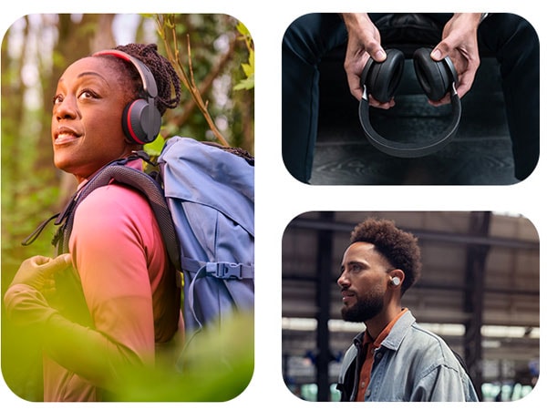 Tre immagini che mostrano persone che utilizzano diversi tipi di auricolari Philips, inclusi over-ear e auricolari, in vari contesti