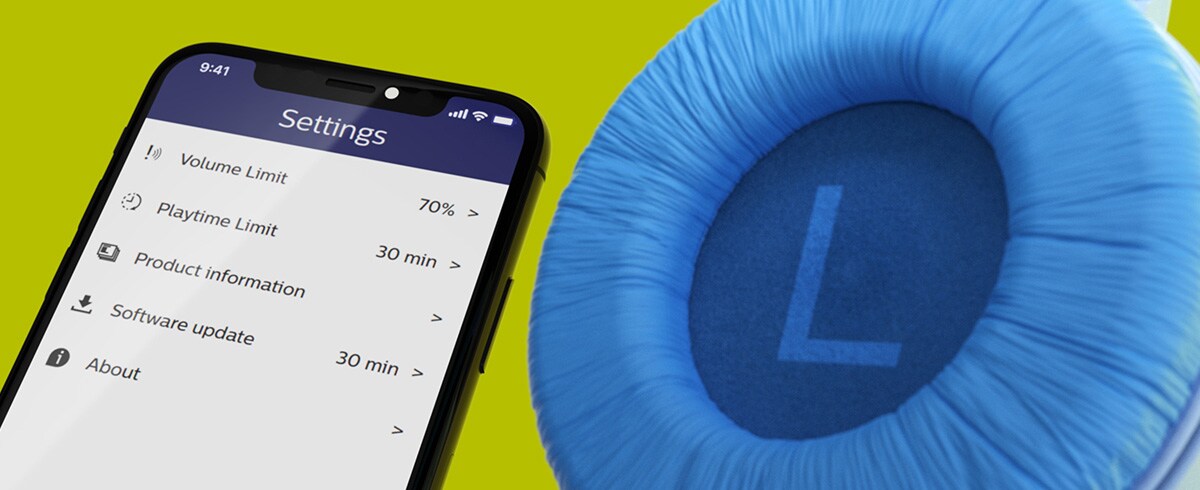 Immagine che mostra l'app Philips Headphones utilizzata per il limite di volume e il limite di tempo di riproduzione