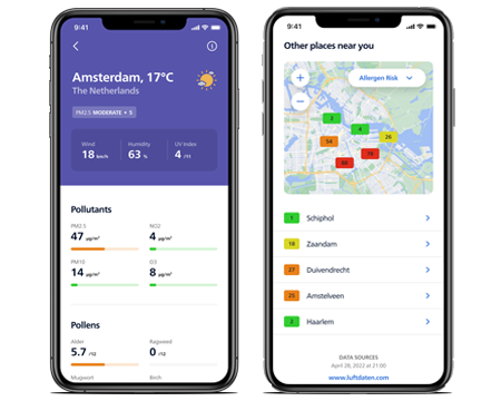 Schermi del telefono che mostrano i dati esterni nell'app Air+