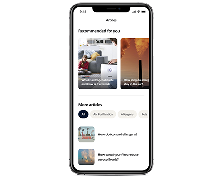 Schermata dell'app Philips Air+ con consigli sugli articoli
