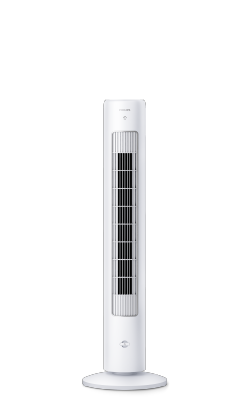Alto ventilatore a torre Philips bianco, serie 5000, con pulsante per aromaterapia nella parte anteriore.