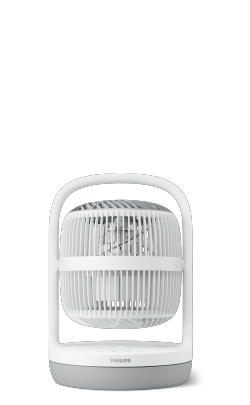 Basso ventilatore da tavolo Philips serie 3000 con esterno bianco e base grigia.