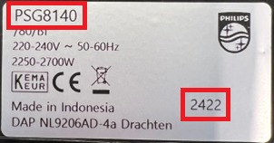 Targhetta del modello PSG8140 con codice 2422