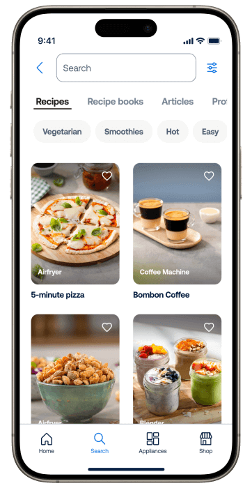 Smartphone con schermata di HomeID che mostra una vasta gamma di ricette