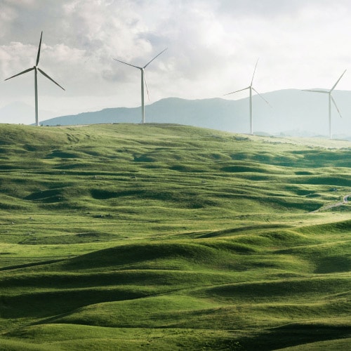 Una fotografia di un impianto eolico che rappresenta l’energia pulita e la sostenibilità aziendale.