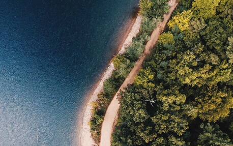 Uno striscione con una veduta aerea delle cime degli alberi e dell'oceano per presentare i piani di sostenibilità di Philips